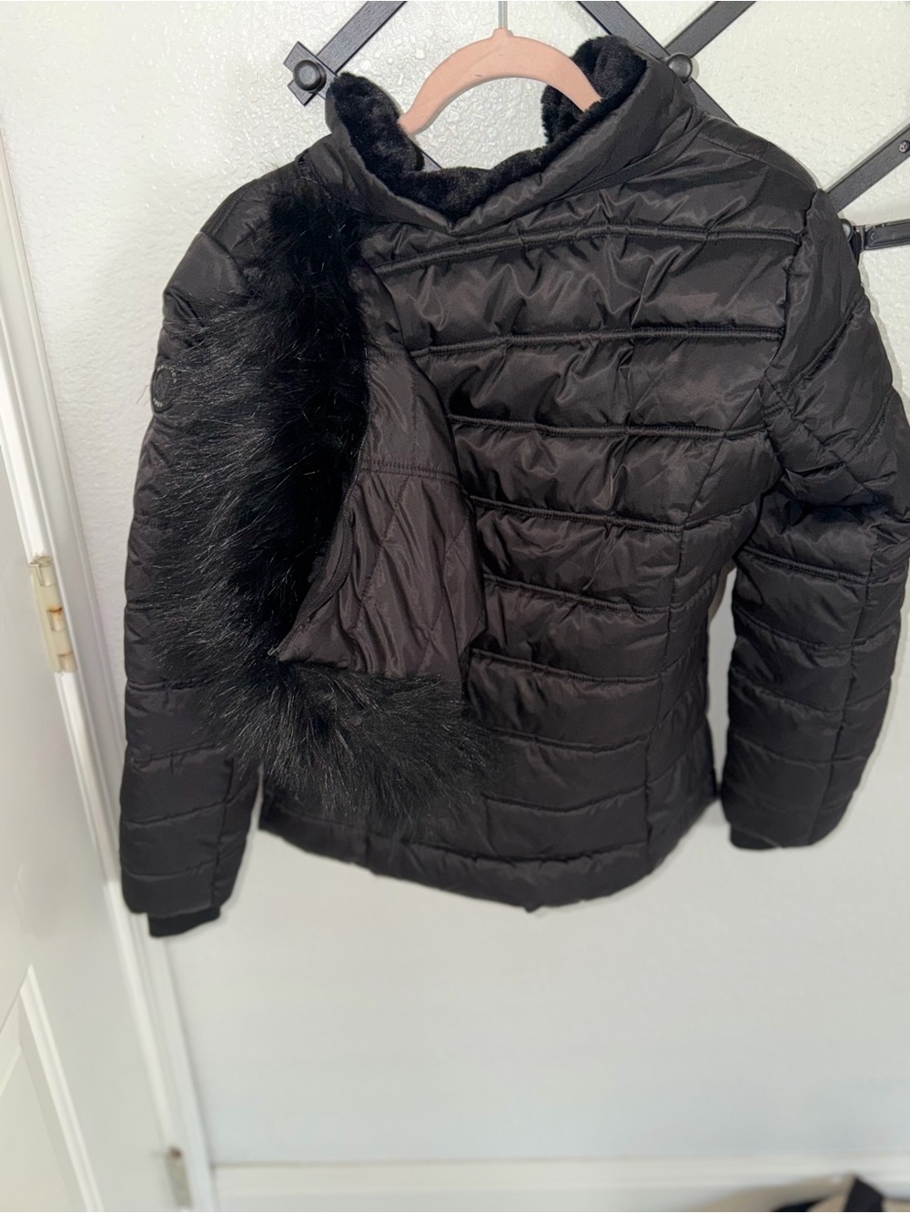 Nautica Black Quilted Puffer Jacket Faux Fur Collar Zip Front Women’s Large - Picture 3 of 5